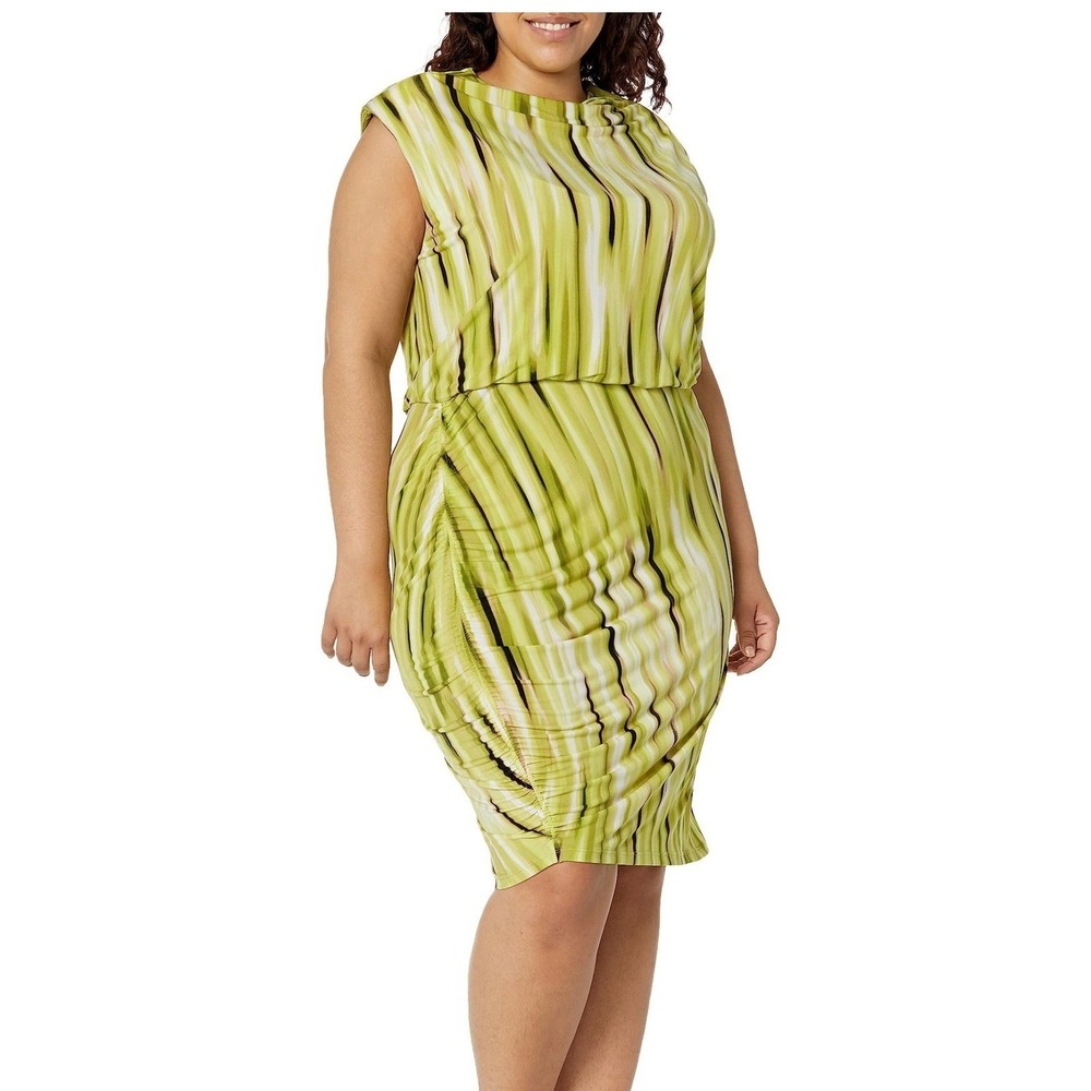 Calvin Klein Dress Sz 3X Sheath Yellow Abstract Blouson Ruched Cowl Neck
